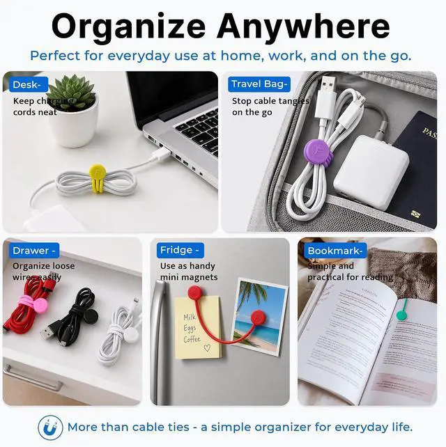 Alt view image 5 of 7 - COOLMI Magnetic Cable Ties 8 Pack, 6.88 Inch Reusable Silicone Cord Organizer Wraps, Strong Magnet Cable Management Straps for Charging Cords, USB Cables, Earbuds, Desk, Travel, Black
