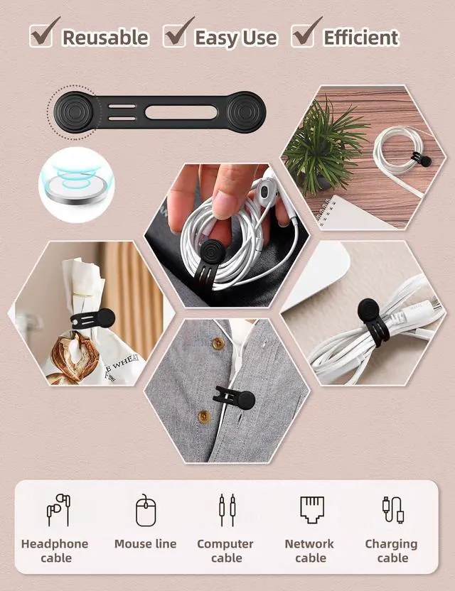 Alt view image 3 of 6 - Kanemc Magnetic Cable Ties 8-Pack,Reusable Magnetic Cord Ties,Black | Magnetic Twist Ties Silicone Cord Wraps for Charging Cords,Cord Organizer Clips with Strong Magnet for Earphone USB C Cables