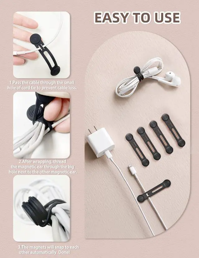 Alt view image 5 of 6 - Kanemc Magnetic Cable Ties 8-Pack,Reusable Magnetic Cord Ties,Black | Magnetic Twist Ties Silicone Cord Wraps for Charging Cords,Cord Organizer Clips with Strong Magnet for Earphone USB C Cables