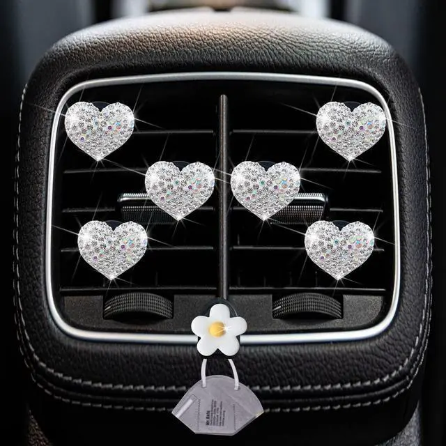 Alt view image 2 of 7 - Bling Heart Air Vent Clips, 6 Pcs Silver Heart Cars Air Fresheners Vent Clips Car Diffuser Vent Clip Diamond Car Decoration Cars Interior Decor Cute Car Accessories for Women Girls + Flower Mask Hook