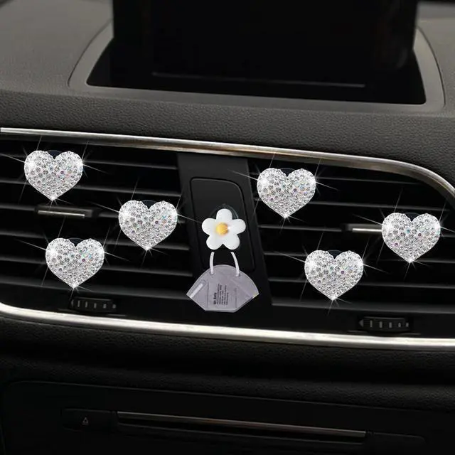 Alt view image 3 of 7 - Bling Heart Air Vent Clips, 6 Pcs Silver Heart Cars Air Fresheners Vent Clips Car Diffuser Vent Clip Diamond Car Decoration Cars Interior Decor Cute Car Accessories for Women Girls + Flower Mask Hook