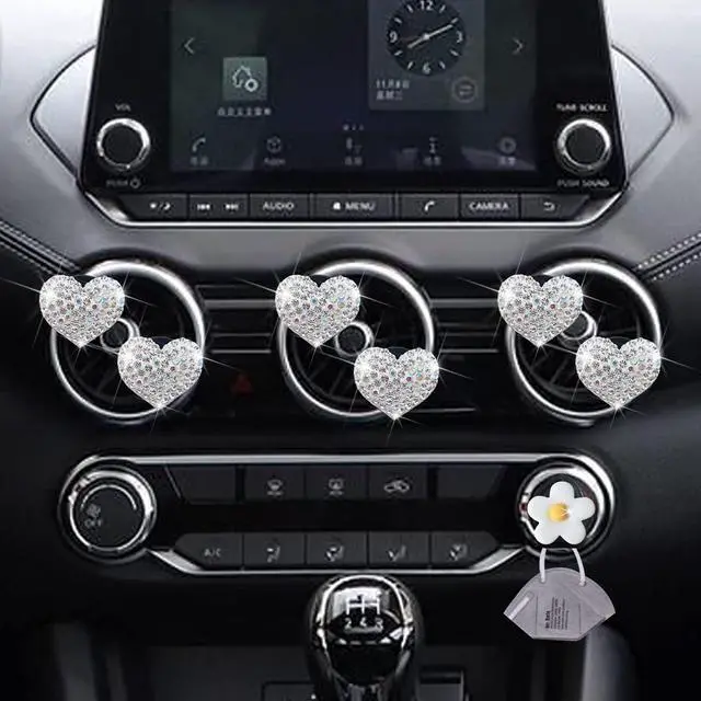 Alt view image 4 of 7 - Bling Heart Air Vent Clips, 6 Pcs Silver Heart Cars Air Fresheners Vent Clips Car Diffuser Vent Clip Diamond Car Decoration Cars Interior Decor Cute Car Accessories for Women Girls + Flower Mask Hook