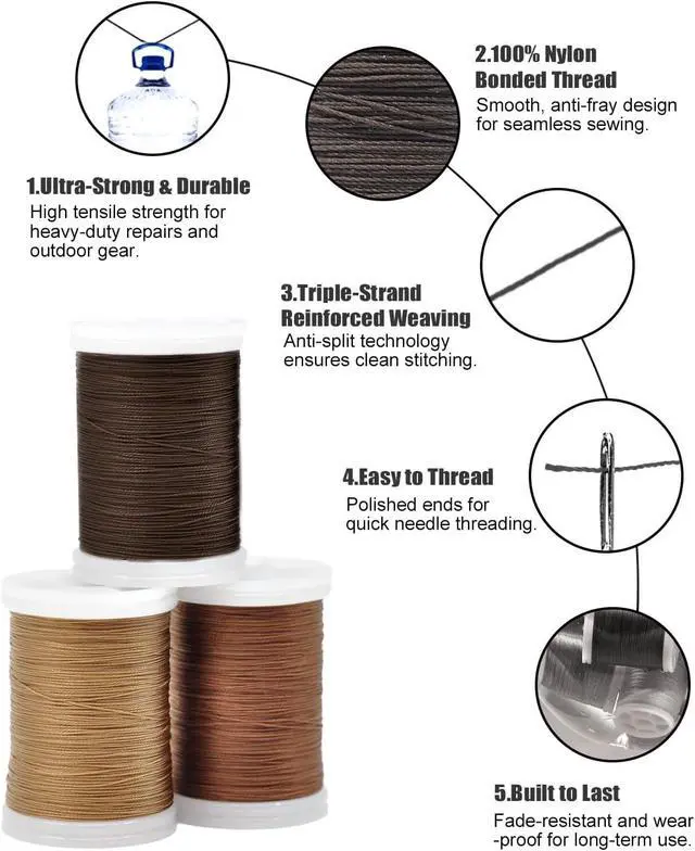 Alt view image 2 of 6 - Heavy Duty Upholstery Thread Kit - 3 Spools Durable Bonded Nylon, High-Strength & Fade-Resistant, 218 Yds/Spool for Sewing Machines, Leather, Denim, DIY Crafts | Coffee, Brown, Khaki