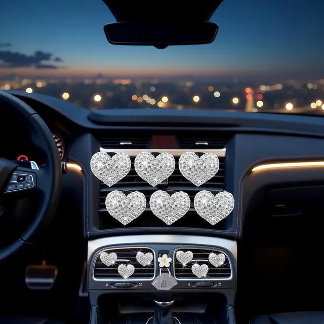 Alt view image 7 of 7 - Bling Heart Air Vent Clips, 6 Pcs Silver Heart Cars Air Fresheners Vent Clips Car Diffuser Vent Clip Diamond Car Decoration Cars Interior Decor Cute Car Accessories for Women Girls + Flower Mask Hook