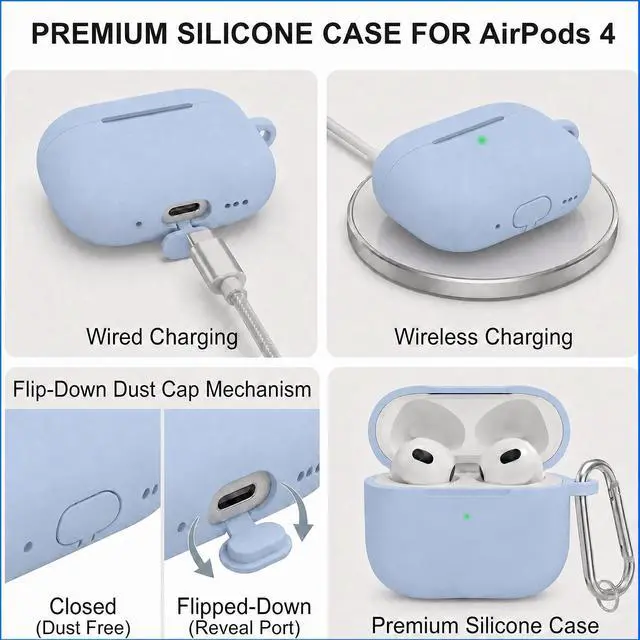 Alt view image 3 of 7 - for Airpods 4th Case Cover, Come with Cleaner Kit,Soft Skin Silicone Case Cover with Keychain, Full Protective Case for Men and Women, Compatible with AirPods 4th Generation Case,Sky Blue