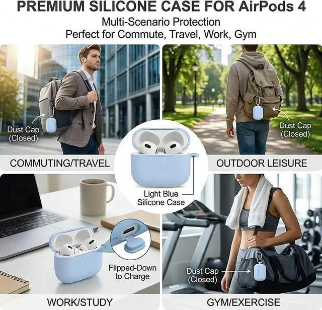 Alt view image 5 of 7 - for Airpods 4th Case Cover, Come with Cleaner Kit,Soft Skin Silicone Case Cover with Keychain, Full Protective Case for Men and Women, Compatible with AirPods 4th Generation Case,Sky Blue