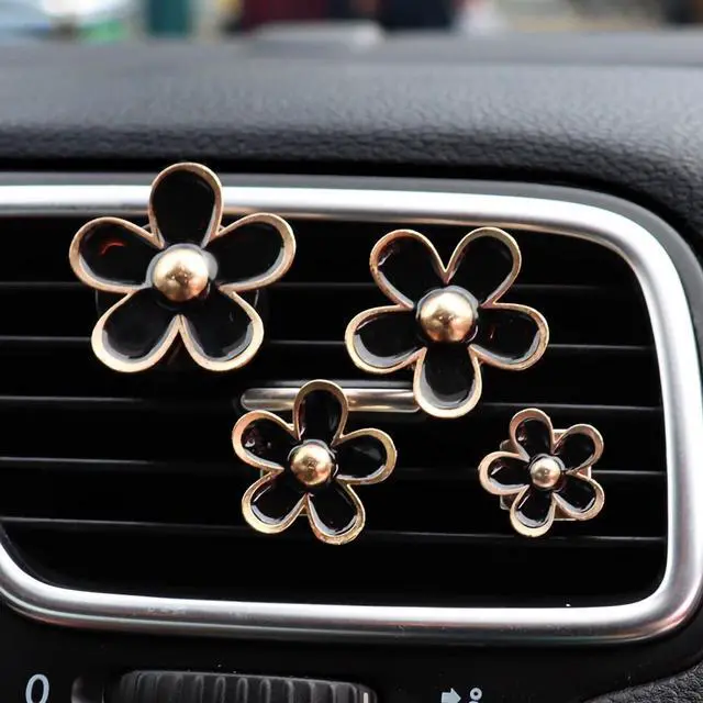 Alt view image 2 of 5 - Daisy Car Air Vent Clips, 4Pcs Black Cute Flower Car Interior Decor | Cute Flower Design, Air Conditioning Outlet Clip, Car Air Freshener Clip Charm, For Women, Refillable Clips, Fits AC Vents