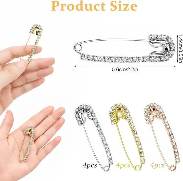 Alt view image 2 of 7 - 12PCS Rhinestone Safety Pins for Clothes Women - Tighten Jeans Waist, Fix Clothing No Sewing, Decorative Brooch Pins for Hats Bags Shawl