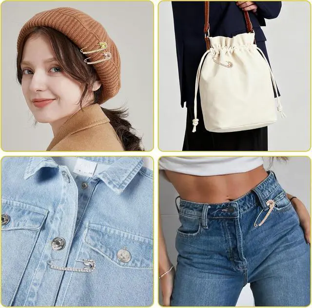 Alt view image 6 of 7 - 12PCS Rhinestone Safety Pins for Clothes Women - Tighten Jeans Waist, Fix Clothing No Sewing, Decorative Brooch Pins for Hats Bags Shawl
