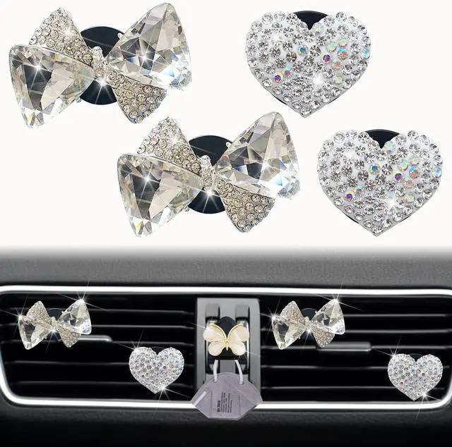Main image of Bling Heart & Bow Diamond Heart Car Air Fresheners & Diffuser, 4 Pcs - Fun Car Vent Clips With Cute Butterfly Mask Hook