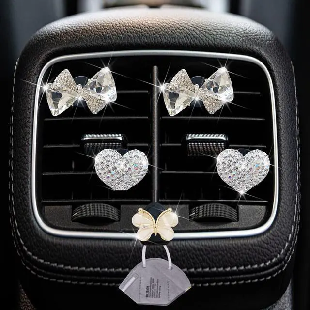 Alt view image 2 of 7 - Bling Heart & Bow Diamond Heart Car Air Fresheners & Diffuser, 4 Pcs - Fun Car Vent Clips With Cute Butterfly Mask Hook
