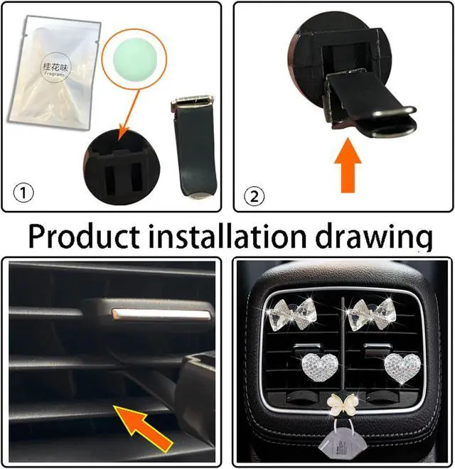Alt view image 7 of 7 - Bling Heart & Bow Diamond Heart Car Air Fresheners & Diffuser, 4 Pcs - Fun Car Vent Clips With Cute Butterfly Mask Hook