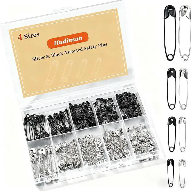 Main image of Hudinsun 210 PCS 4 Different Sizes Silver and Black Safety Pins Assorted, Small and Large Safety Pins Bulk for Clothes and Sewing