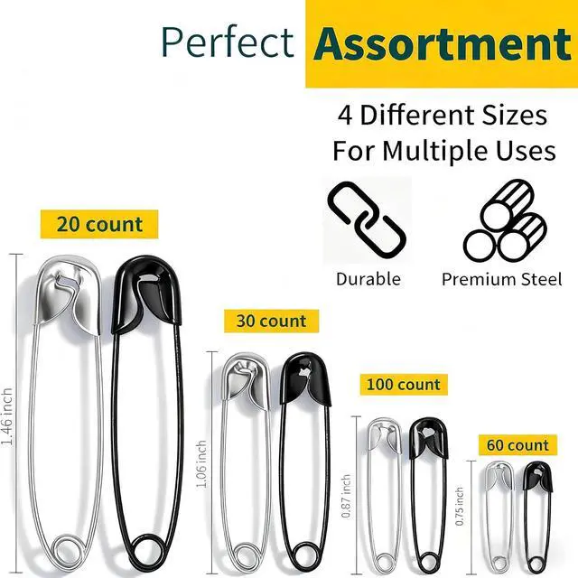 Alt view image 2 of 6 - Hudinsun 210 PCS 4 Different Sizes Silver and Black Safety Pins Assorted, Small and Large Safety Pins Bulk for Clothes and Sewing