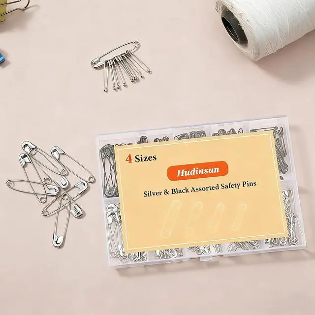 Alt view image 6 of 6 - Hudinsun 210 PCS 4 Different Sizes Silver and Black Safety Pins Assorted, Small and Large Safety Pins Bulk for Clothes and Sewing