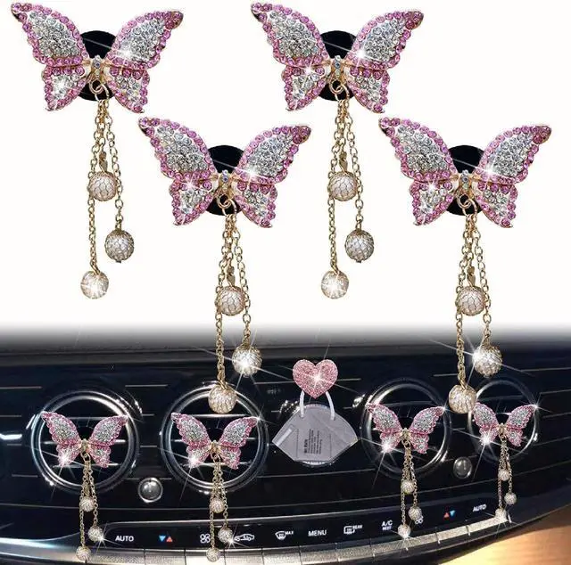 Main image of Pink Butterfly Air Vent Clips, 4 Pcs Bling Butterfly Air Fresheners Vents Clips Diamond Car Interior Decor Bling Cute Car Accessories Decoration for Women+ Heart Mask Hook