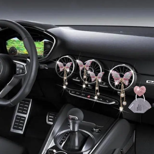 Alt view image 6 of 7 - Pink Butterfly Air Vent Clips, 4 Pcs Bling Butterfly Air Fresheners Vents Clips Diamond Car Interior Decor Bling Cute Car Accessories Decoration for Women+ Heart Mask Hook
