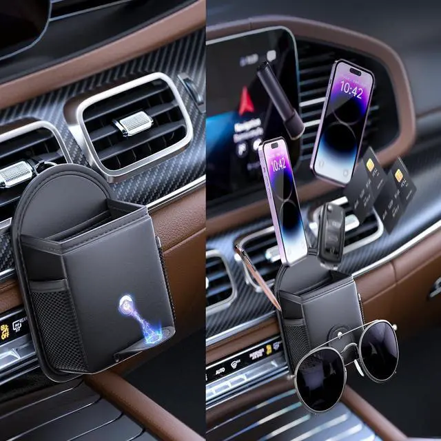 Alt view image 4 of 6 - Car Air Vent Storage Bag Organizer Pocket, Sunglass Holder Car Mount Phone Holder Coin Key Card Case Interior Organizer Bag with Clip. (Black)