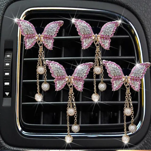 Alt view image 7 of 7 - Pink Butterfly Air Vent Clips, 4 Pcs Bling Butterfly Air Fresheners Vents Clips Diamond Car Interior Decor Bling Cute Car Accessories Decoration for Women+ Heart Mask Hook