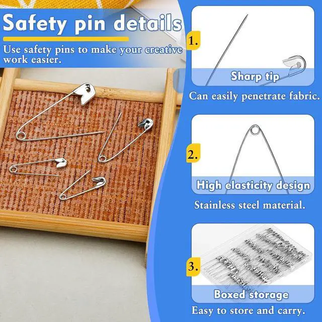 Alt view image 3 of 7 - Mnuizu 200Pcs Safety Pins, 4 Size Heavy Duty Safety Pins for Clothes | 0.7inch/0.9inch/1.1inch/3.7inch Rust Resistant Small and Large Safety Pins for Clothes, Sewing and DIY Craft