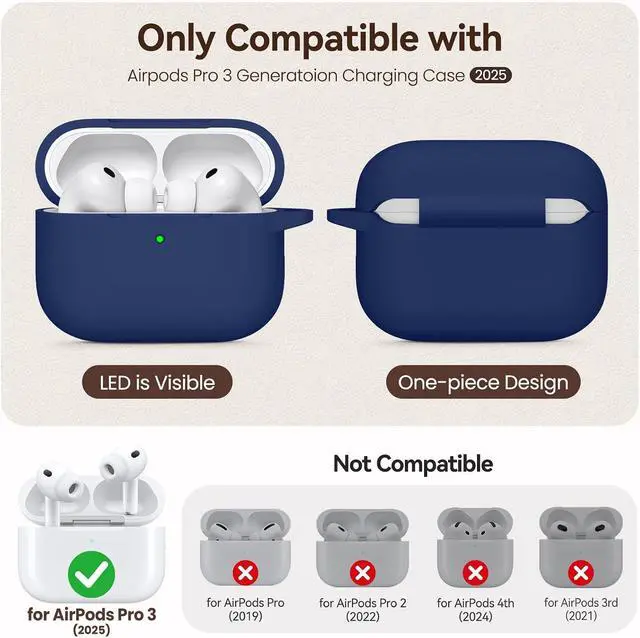 Alt view image 2 of 7 - for AirPods Pro 3 Case (2025),Soft Silicone Protective Cover Compatible with Apple AirPods Pro 3rd Generation Case with Cleaning Kit for Women Men,Air pods Pro Cases with Keychain,Midnight Blue