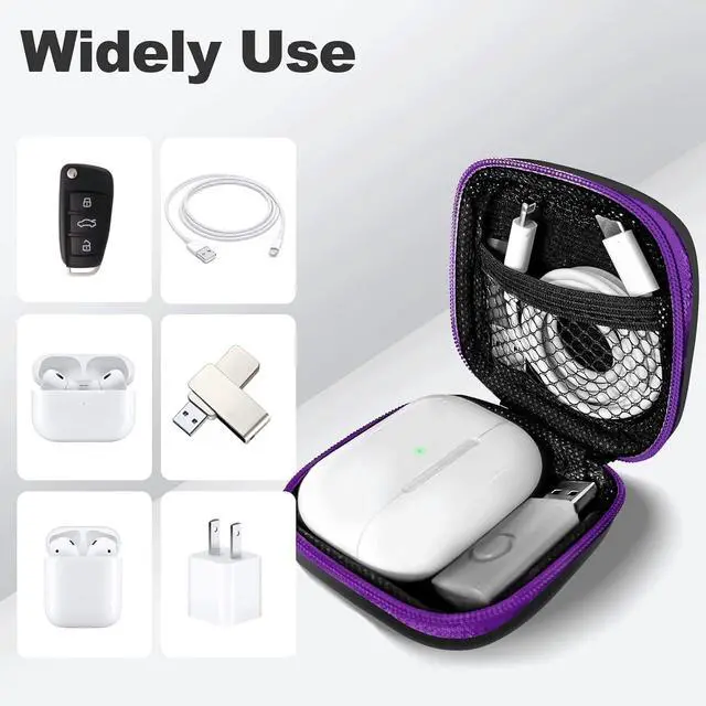 Alt view image 3 of 7 - Square Earbud Case Portable EVA Carrying Case Storage Bag Cell Phone Accessories Organizer with Carabiner for Earphone, Earbud, Earpieces, SD Memory Card, Camera Chips, Tech Pouch, Purple