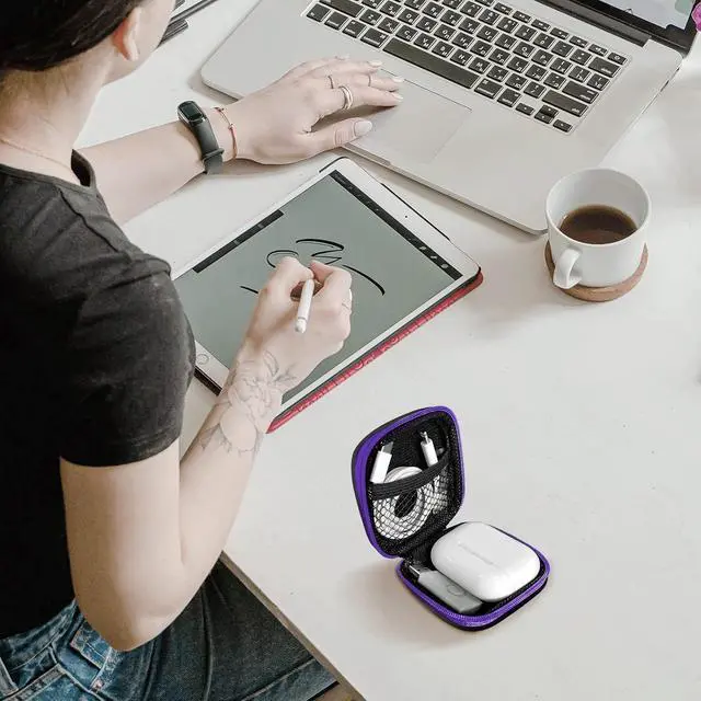 Alt view image 6 of 7 - Square Earbud Case Portable EVA Carrying Case Storage Bag Cell Phone Accessories Organizer with Carabiner for Earphone, Earbud, Earpieces, SD Memory Card, Camera Chips, Tech Pouch, Purple