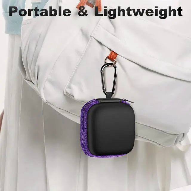 Alt view image 7 of 7 - Square Earbud Case Portable EVA Carrying Case Storage Bag Cell Phone Accessories Organizer with Carabiner for Earphone, Earbud, Earpieces, SD Memory Card, Camera Chips, Tech Pouch, Purple