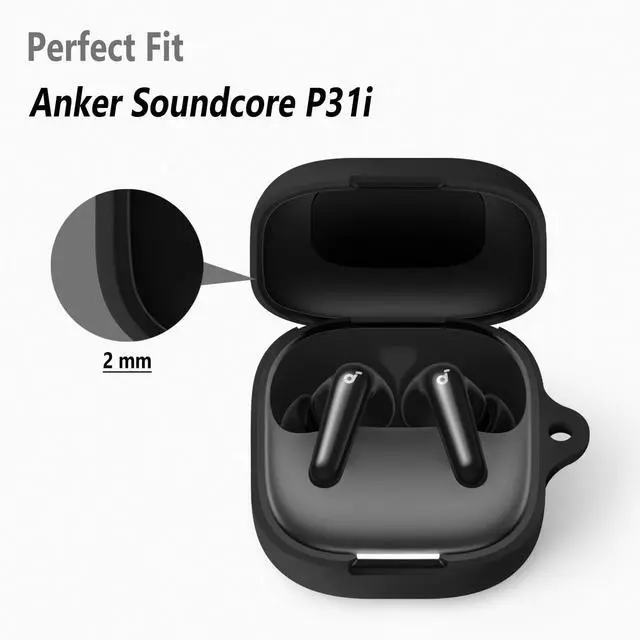 Alt view image 2 of 6 - Geiomoo Silicone Case for Anker Soundcore P31i, Anker Soundcore R60i NC, Soft Flexible Scratch Resistant Protective Cover with Carabiner (Black)