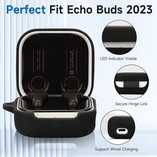 Alt view image 2 of 7 - for Echo Buds 2023 Case Cover, Soft Silicone | Anti-Scratch Shockproof Protective Skin Case for All-New Echo Buds with Keychain Accessories, Front LED Visible, Black