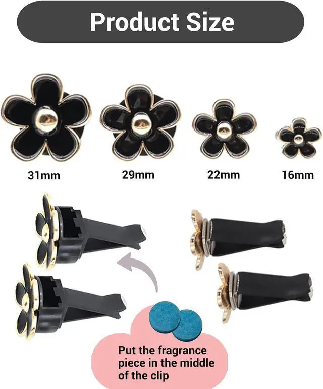 Alt view image 5 of 7 - Daisy Flower Car Air Freshener Vent Clips, 4 Pcs Cute Car Accessories for Women Interior, Girly Decor Essentials, Truck Accessories, for Bathroom Office Pet Houses (Black, 3.1cm 2.9cm 2.2cm 1.6cm)