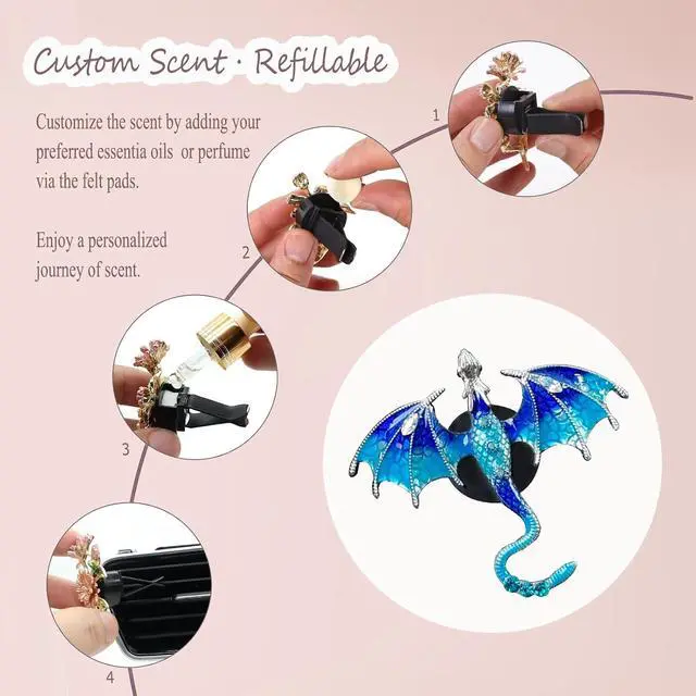 Alt view image 6 of 7 - ORIESSE Bling Dragon Car Air Freshener Vent Clip,Goth Car Accessories | 1pc Rhinestone Blue Dragon Car Decor,Cute Air Vent Clip Dashboard Decoration Accessory,Refillable Animal Diffuser