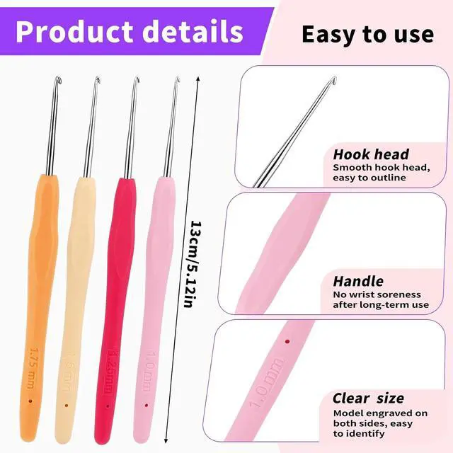 Alt view image 2 of 7 - Iuuidu 4PCS Crochet Hooks Small Crochet Hooks for Arthritic Hands 4Size | 1.0mm, 1.25mm, 1.5mm, 1.75mm Small Size Crochet Hooks, Crochet Needles for Beginners, Smooth Knitting Needles for Handmade