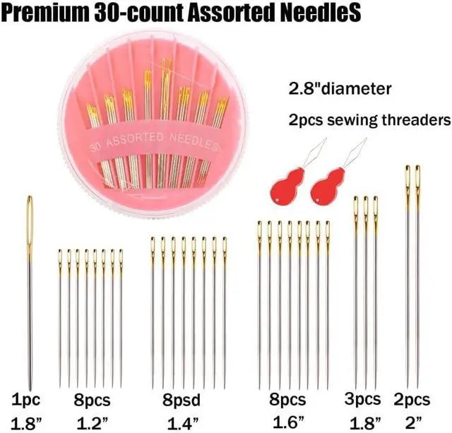 Alt view image 2 of 6 - JollMono 30Pack Premium Sewing Needles for Hand Sewing Repair, 6 Sizes Assorted Needles with 2 Threaders, Hand Sewing Needles, Large Eye Stitching Needles, Embroidery Needles, Sewing Sharp Needles