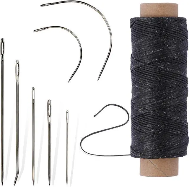 Main image of 55 Yards Waxed Thread with 7 Leather Needles for Hand Sewing | Polyester 150D Flat Waxed Thread, 5 Straight & 2 Curved Steel Needles, For Leather, Canvas, Bags, Sofa Repair