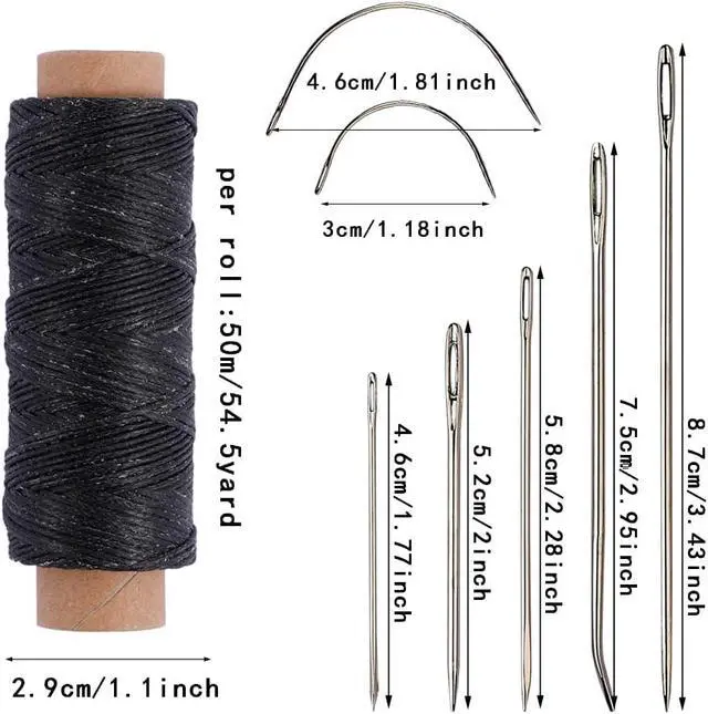 Alt view image 2 of 6 - 55 Yards Waxed Thread with 7 Leather Needles for Hand Sewing | Polyester 150D Flat Waxed Thread, 5 Straight & 2 Curved Steel Needles, For Leather, Canvas, Bags, Sofa Repair