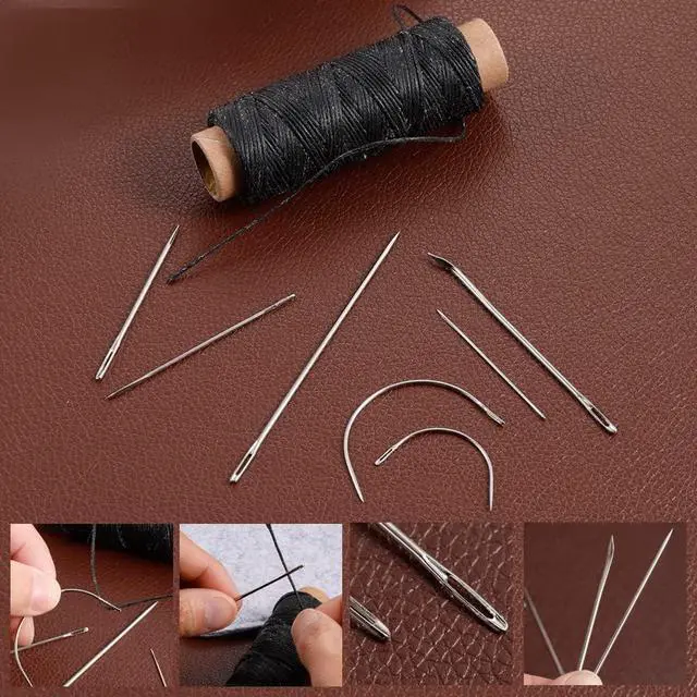 Alt view image 5 of 6 - 55 Yards Waxed Thread with 7 Leather Needles for Hand Sewing | Polyester 150D Flat Waxed Thread, 5 Straight & 2 Curved Steel Needles, For Leather, Canvas, Bags, Sofa Repair