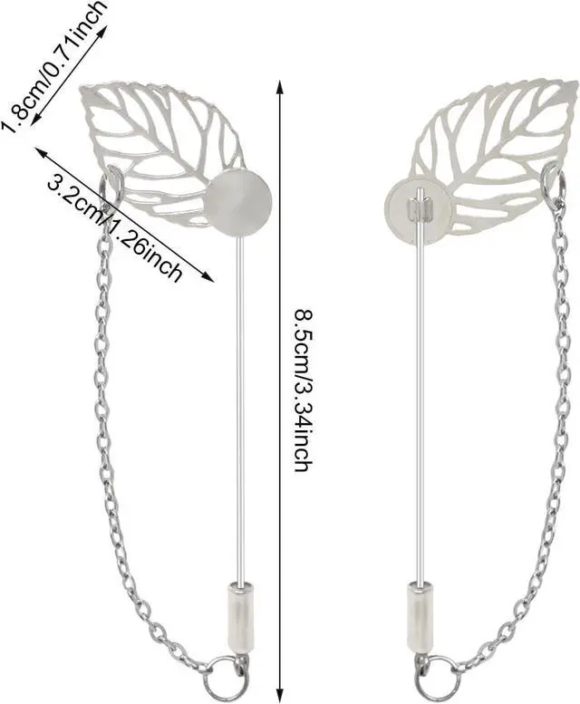 Alt view image 2 of 7 - Honbay 10PCS Jewelry Making Leaf Tray Safety Pins with Chains, Metal Stick Pins, Blank Brooch Bases, Lapel Sticks, Scarf Badge, Suit Tie Hat Pins, Hijab Pins with Safety Caps (Silver)