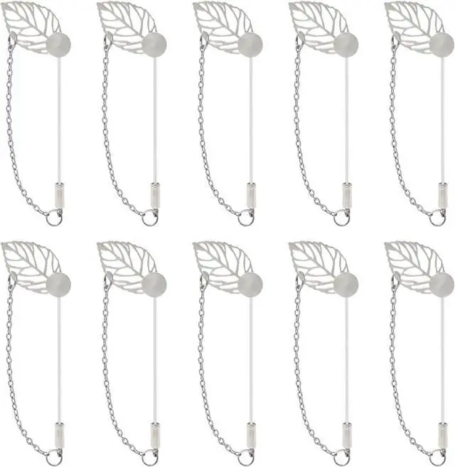 Main image of Honbay 10PCS Jewelry Making Leaf Tray Safety Pins with Chains, Metal Stick Pins, Blank Brooch Bases, Lapel Sticks, Scarf Badge, Suit Tie Hat Pins, Hijab Pins with Safety Caps (Silver)