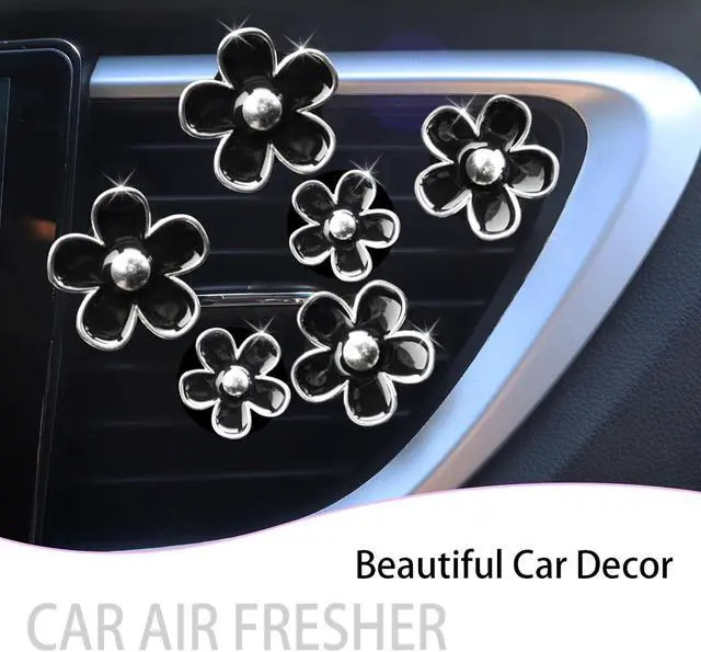 Alt view image 2 of 7 - ORIESSE 6pcs Flower Car Air Freshener Vent Clips,Daisy Car Accessories | 3 Sizes Sparkly Black Silver Flowers Air Vent Clips,Car Decor for Women,Refillable Diffuser