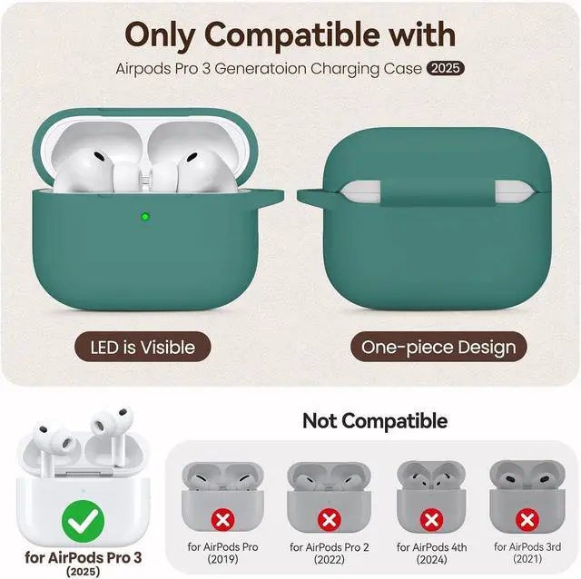 Alt view image 2 of 7 - for AirPods Pro 3 Case (2025),Soft Silicone Protective Cover Compatible with Apple AirPods Pro 3rd Generation Case with Cleaning Kit for Women Men,Air pods Pro Cases with Keychain,Pine Green