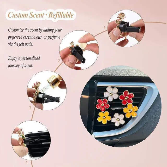 Alt view image 5 of 6 - ORIESSE 6pcs Flower Car Air Freshener Vent Clips,Daisy Car Decor | Red Yellow White Daisy Car Dashboard Accessories,3.3/3cm Flower Air Vent Clip for Women,Refillable Diffuser With Felt Pads