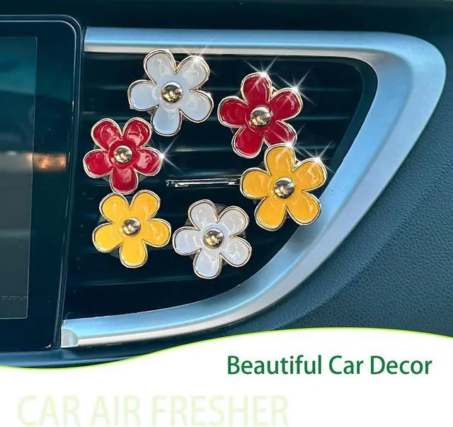 Alt view image 2 of 6 - ORIESSE 6pcs Flower Car Air Freshener Vent Clips,Daisy Car Decor | Red Yellow White Daisy Car Dashboard Accessories,3.3/3cm Flower Air Vent Clip for Women,Refillable Diffuser With Felt Pads