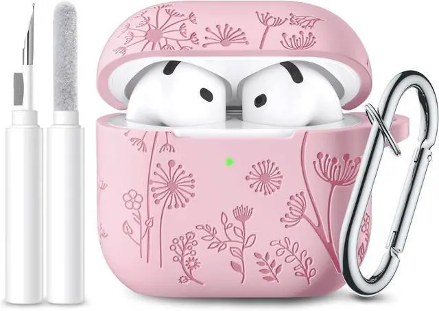 Main image of Lerobo for AirPods 4 Case with Cleaner Kit & Keychain, Pink | Flower Engraved Silicone Cover Compatible with Apple AirPod 4 Case Cute for Women, Scratchproof, Shockproof, Dustproof