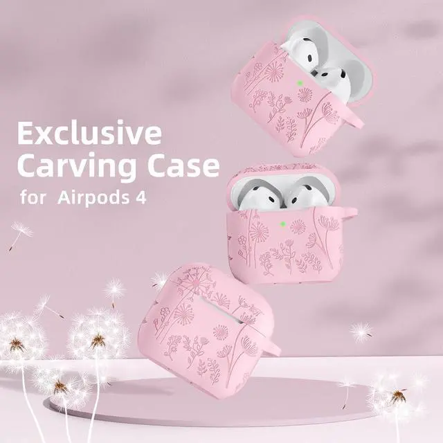 Alt view image 2 of 7 - Lerobo for AirPods 4 Case with Cleaner Kit & Keychain, Pink | Flower Engraved Silicone Cover Compatible with Apple AirPod 4 Case Cute for Women, Scratchproof, Shockproof, Dustproof