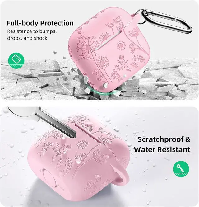 Alt view image 3 of 7 - Lerobo for AirPods 4 Case with Cleaner Kit & Keychain, Pink | Flower Engraved Silicone Cover Compatible with Apple AirPod 4 Case Cute for Women, Scratchproof, Shockproof, Dustproof