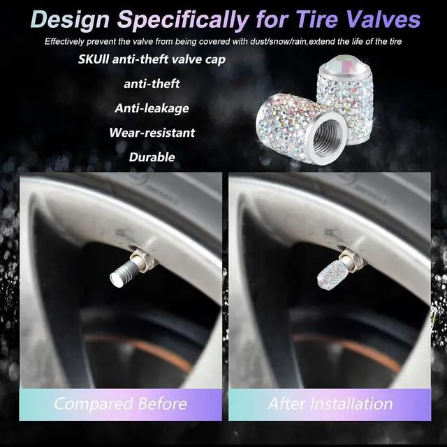 Alt view image 4 of 6 - Alpmosn Car Wheel Tire Valve Caps, 4 PCS Bling Tire Valve Caps, Crystal Tire Caps Shinny Rhinestone for Women, Universal Car Dustproof Tire Valve Caps for Cars, Trucks, SUV and Motorcycles (AB)