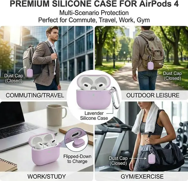 Alt view image 5 of 7 - Silicone Case Cover for AirPods 4th Gen, Soft Skin with Cleaner Kit, Keychain, Full Protection for Men & Women (Lavender)