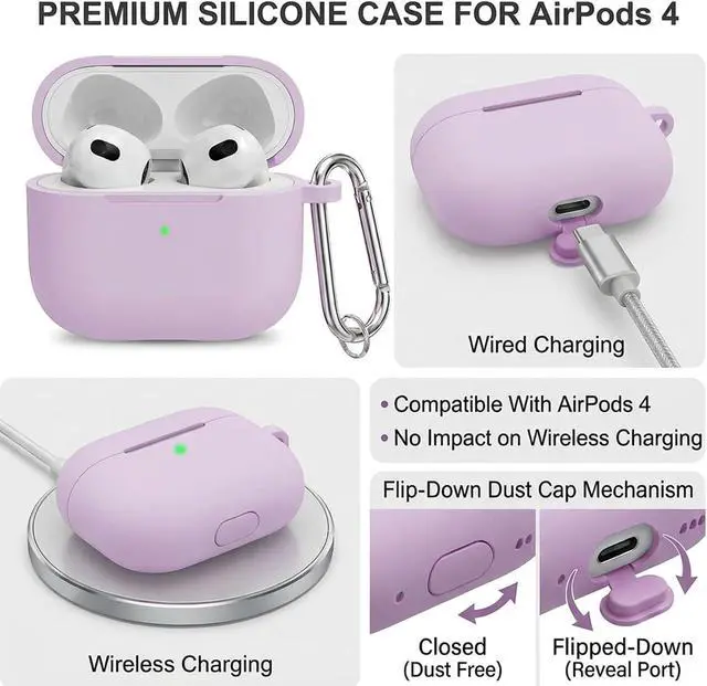 Alt view image 3 of 7 - Silicone Case Cover for AirPods 4th Gen, Soft Skin with Cleaner Kit, Keychain, Full Protection for Men & Women (Lavender)