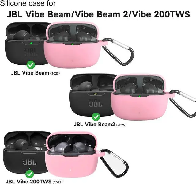 Alt view image 2 of 6 - Silicone Case for JBL Vibe Beam 2, JBL Vibe Beam, JBL Vibe 200TWS True Wireless Headphones, Premium Shockproof Case Cover with Carabiner. (Pink)